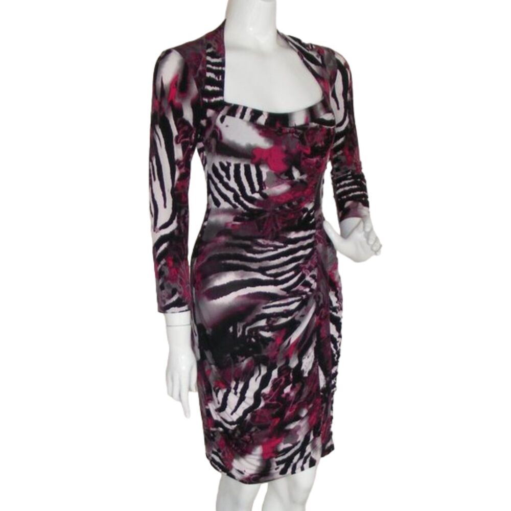 CACHE Dress, 6, Ruched, Long sleeve, Partial Zebra Stripes, Multicolor, Clingy - Picture 2 of 8